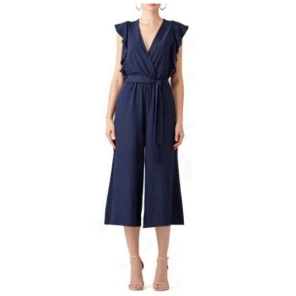 Anthropologie Hutch Zia Surplice V-Neck Ruffle Wide Leg Crop Jumpsuit Navy 1X - Picture 1 of 9
